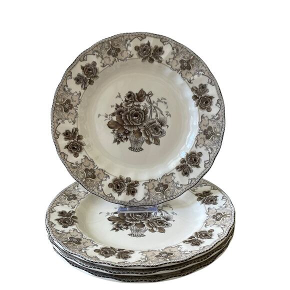 4pc Palate & Plate Victorian BROWN Rose Floral 10.5" Dinner Plates Scalloped New - Picture 6 of 15